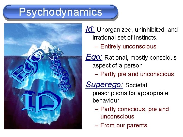 Psychodynamics Id: Unorganized, uninhibited, and irrational set of instincts. – Entirely unconscious Ego: Rational,