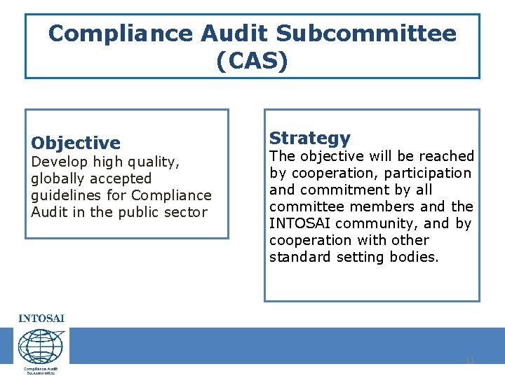 Compliance Audit Subcommittee (CAS) Objective Develop high quality, globally accepted guidelines for Compliance Audit