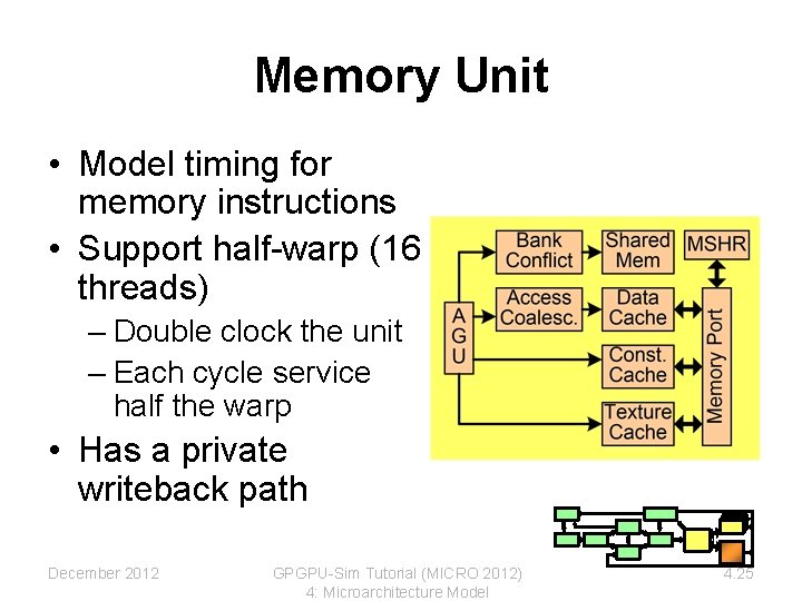 Memory Unit • Model timing for memory instructions • Support half-warp (16 threads) – Memory Unit • Model timing for memory instructions • Support half-warp (16 threads) –