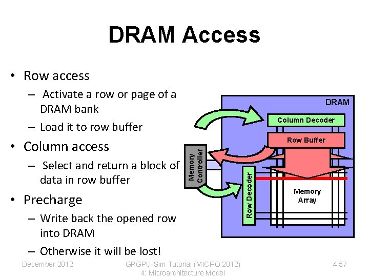 DRAM Access • Row access – Activate a row or page of a DRAM DRAM Access • Row access – Activate a row or page of a DRAM