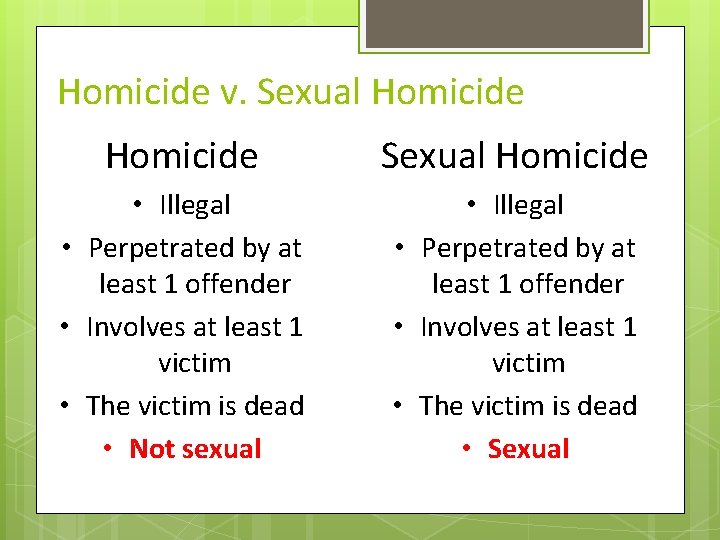 Homicide v. Sexual Homicide • Illegal • Perpetrated by at least 1 offender • Homicide v. Sexual Homicide • Illegal • Perpetrated by at least 1 offender •