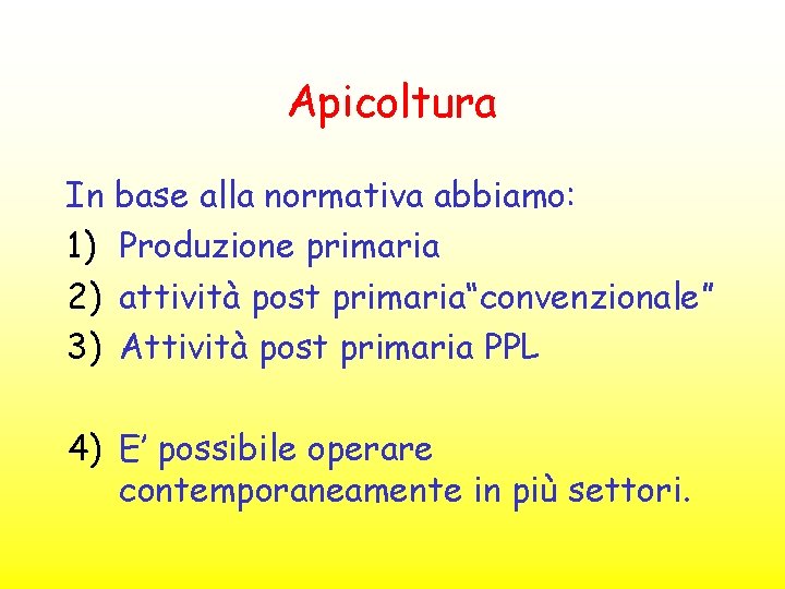 Apicoltura In base alla normativa abbiamo: 1) Produzione primaria 2) attività post primaria“convenzionale” 3)
