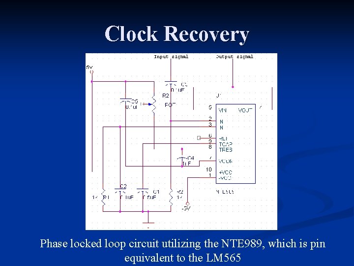 Clock Recovery Phase locked loop circuit utilizing the NTE 989, which is pin equivalent Clock Recovery Phase locked loop circuit utilizing the NTE 989, which is pin equivalent