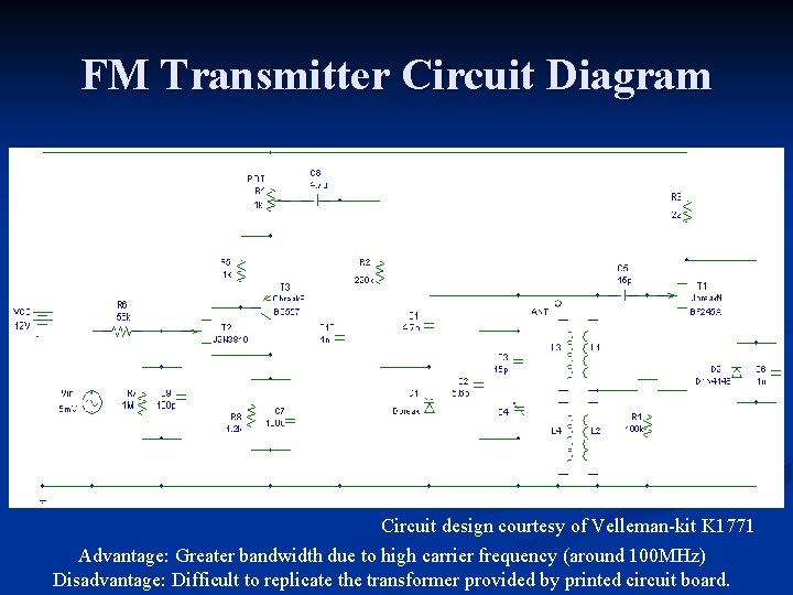 FM Transmitter Circuit Diagram Circuit design courtesy of Velleman-kit K 1771 Advantage: Greater bandwidth FM Transmitter Circuit Diagram Circuit design courtesy of Velleman-kit K 1771 Advantage: Greater bandwidth