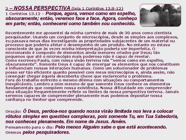 2 – NOSSA PERSPECTIVA (leia 1 Coríntios 13. 8 -12) 1 Coríntios 13. 12