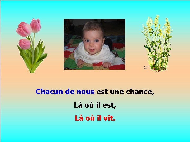 . . Chacun de nous est une chance, Là où il est, Là où