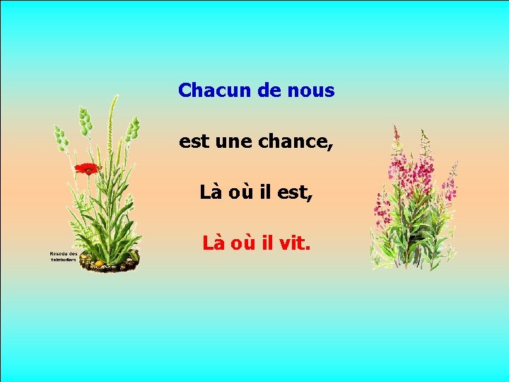 Chacun de nous est une chance, . Là où il est, . Là où