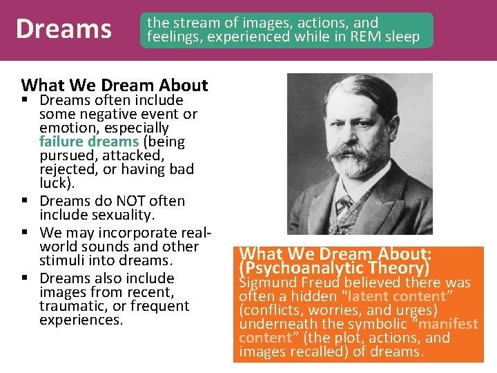 Dreams the stream of images, actions, and feelings, experienced while in REM sleep What