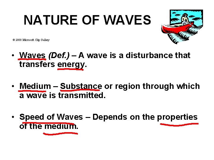 NATURE OF WAVES © 2000 Microsoft Clip Gallery • Waves (Def. ) – A