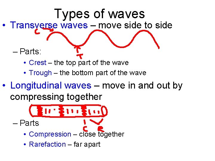 Types of waves • Transverse waves – move side to side – Parts: • Types of waves • Transverse waves – move side to side – Parts: •