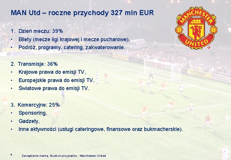 MAN Utd – roczne przychody 327 mln EUR 1. Dzień meczu: 39% • Bilety