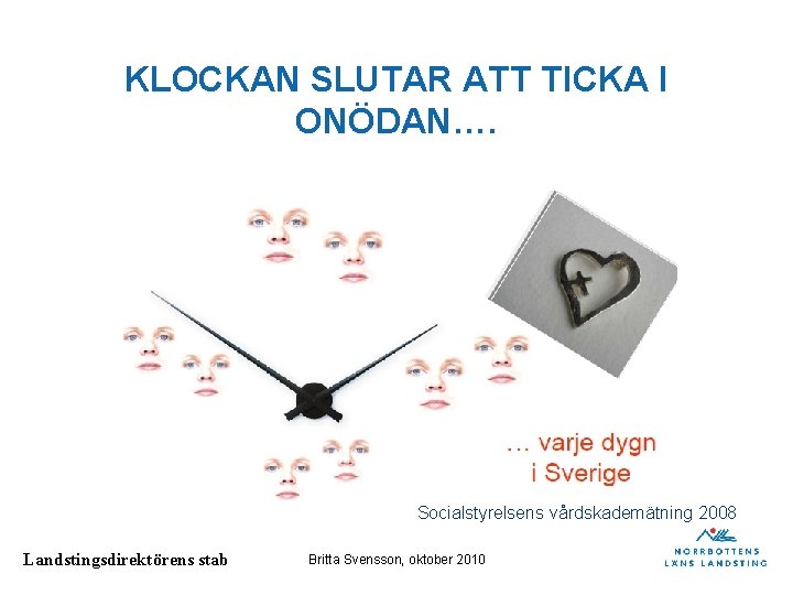 KLOCKAN SLUTAR ATT TICKA I ONÖDAN…. Socialstyrelsens vårdskademätning 2008 Landstingsdirektörens stab Britta Svensson, oktober KLOCKAN SLUTAR ATT TICKA I ONÖDAN…. Socialstyrelsens vårdskademätning 2008 Landstingsdirektörens stab Britta Svensson, oktober