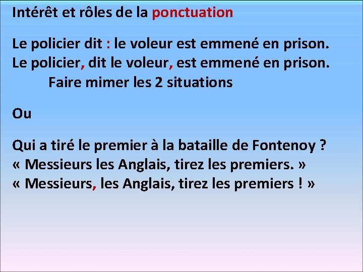 Intérêt et rôles de la ponctuation Le policier dit : le voleur est emmené