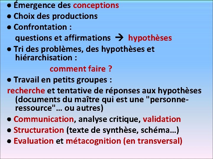  Émergence des conceptions Choix des productions Confrontation : questions et affirmations hypothèses Tri