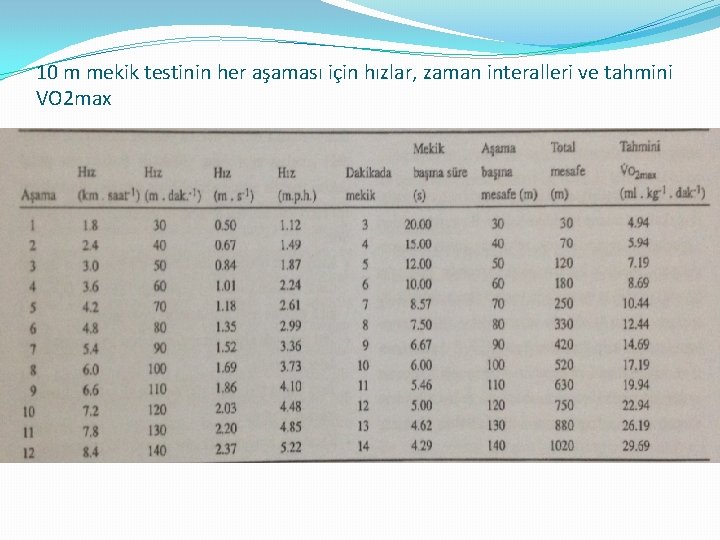 10 m mekik testinin her aşaması için hızlar, zaman interalleri ve tahmini VO 2