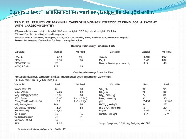 Egzersiz testi ile elde edilen veriler çizelge ile de gösterilir. 