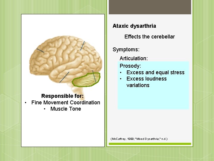 Ataxic dysarthria Effects the cerebellar Symptoms: Responsible for: • Fine Movement Coordination • Muscle