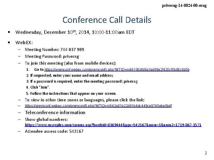 privecsg-14 -0024 -00 -ecsg Conference Call Details • Wednesday, December 10 th, 2014, 10: