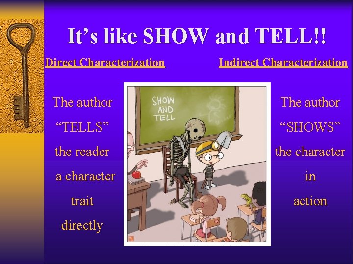 It’s like SHOW and TELL!! Direct Characterization Indirect Characterization The author “TELLS” “SHOWS” the It’s like SHOW and TELL!! Direct Characterization Indirect Characterization The author “TELLS” “SHOWS” the