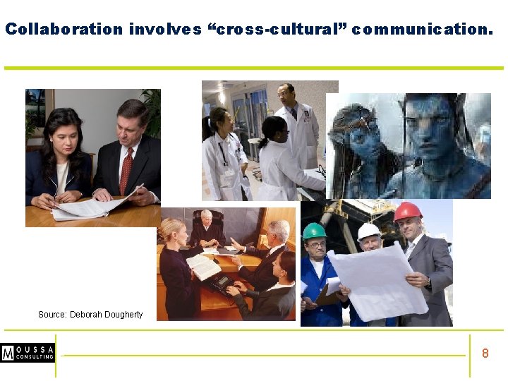 Collaboration involves “cross-cultural” communication. Source: Deborah Dougherty 8 