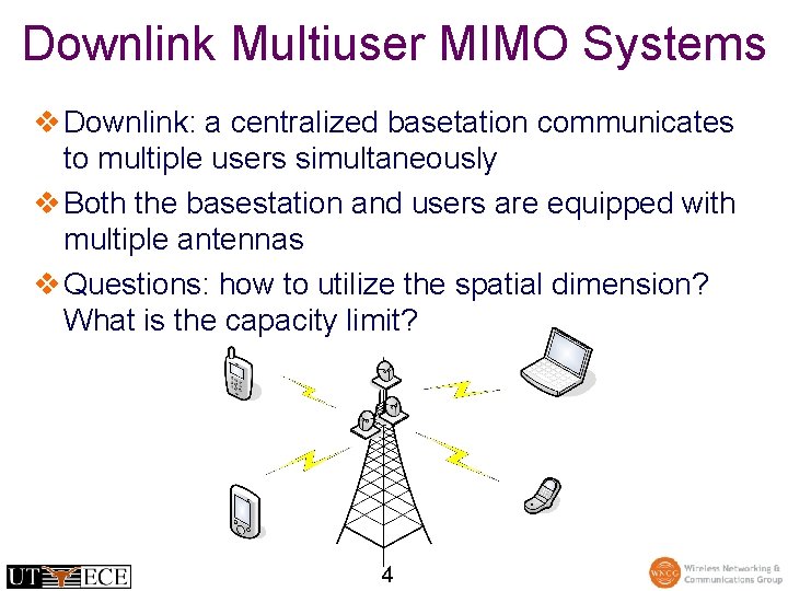 Downlink Multiuser MIMO Systems v Downlink: a centralized basetation communicates to multiple users simultaneously