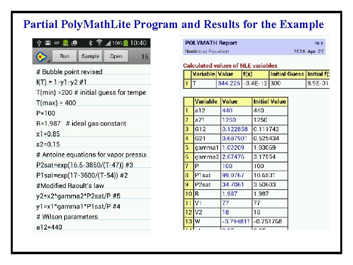 Partial Poly. Math. Lite Program and Results for the Example 