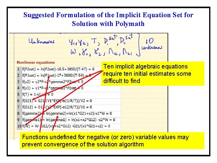 Suggested Formulation of the Implicit Equation Set for Solution with Polymath Ten implicit algebraic