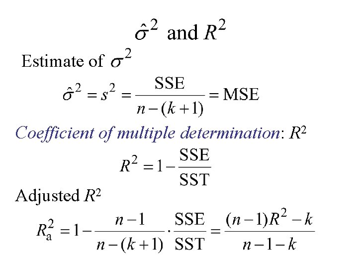 Estimate of Coefficient of multiple determination: R 2 Adjusted R 2 