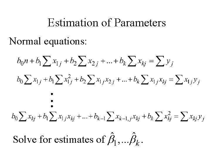 Estimation of Parameters Normal equations: Solve for estimates of 