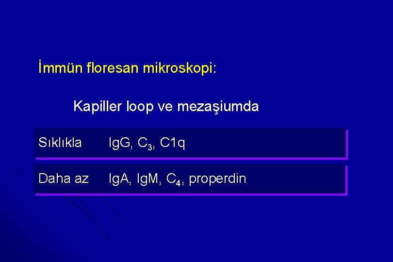 İmmün floresan mikroskopi: Kapiller loop ve mezaşiumda Sıklıkla Ig. G, C 3, C 1