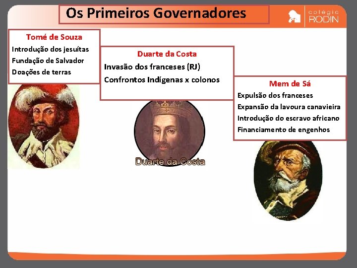 Os Primeiros Governadores Tomé de Souza Introdução dos jesuítas Fundação de Salvador Doações de