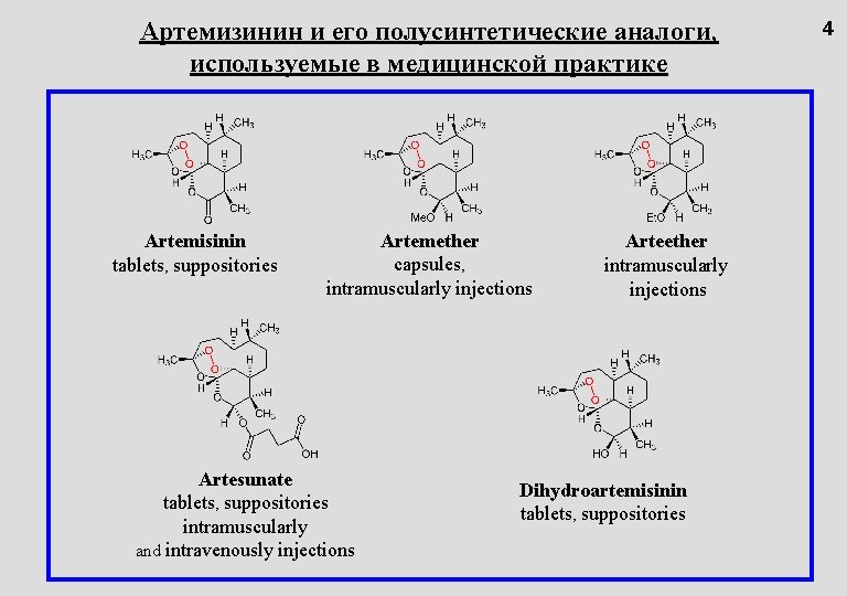 Артемизинин и его полусинтетические аналоги, используемые в медицинской практике Artemisinin tablets, suppositories Artemether capsules,