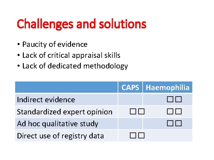 Challenges and solutions • Paucity of evidence • Lack of critical appraisal skills •