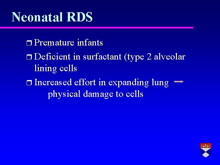 Neonatal RDS r Premature infants r Deficient in surfactant (type 2 alveolar lining cells