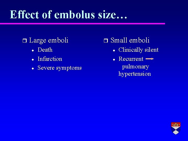 Effect of embolus size… r Large emboli l l l Death Infarction Severe symptoms