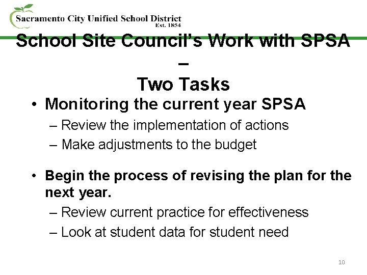 School Site Council’s Work with SPSA – Two Tasks • Monitoring the current year