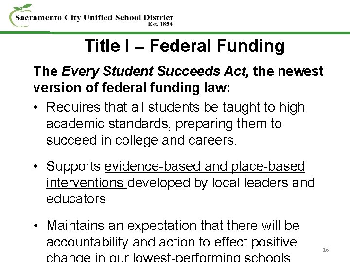 Title I – Federal Funding The Every Student Succeeds Act, the newest version of