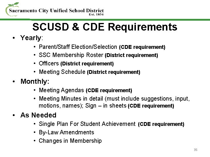 SCUSD & CDE Requirements • Yearly: • • Parent/Staff Election/Selection (CDE requirement) SSC Membership