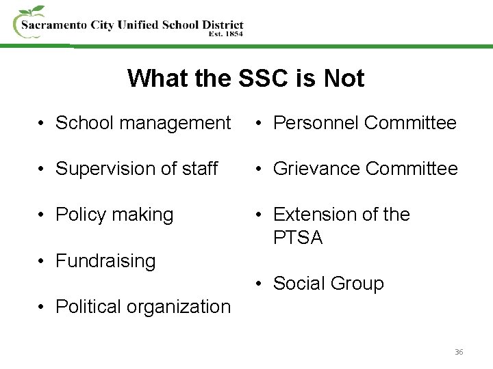 What the SSC is Not • School management • Personnel Committee • Supervision of