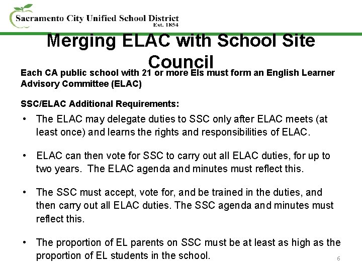 Merging ELAC with School Site Council Each CA public school with 21 or more