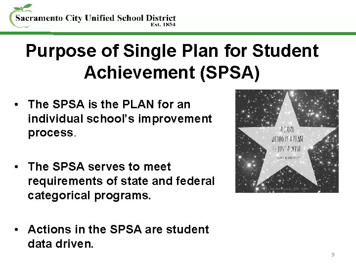 Purpose of Single Plan for Student Achievement (SPSA) • The SPSA is the PLAN