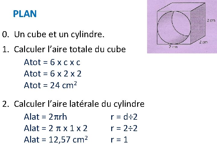 PLAN 0. Un cube et un cylindre. 1. Calculer l’aire totale du cube Atot