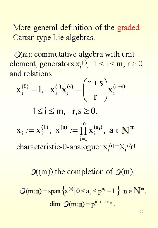 More general definition of the graded Cartan type Lie algebras. (m): commutative algebra with