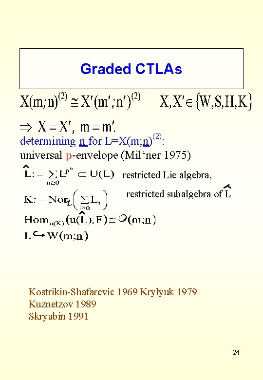 Graded CTLAs determining n for L=X(m; n)(2): universal p-envelope (Mil‘ner 1975) restricted Lie algebra,