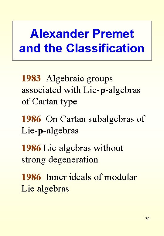 Alexander Premet and the Classification 1983 Algebraic groups associated with Lie-p-algebras of Cartan type