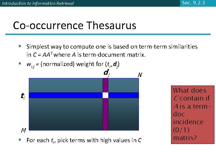 Sec. 9. 2. 3 Introduction to Information Retrieval Co-occurrence Thesaurus § Simplest way to