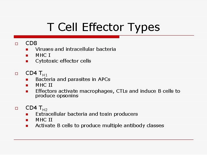 T Cell Effector Types o CD 8 n n n o CD 4 TH