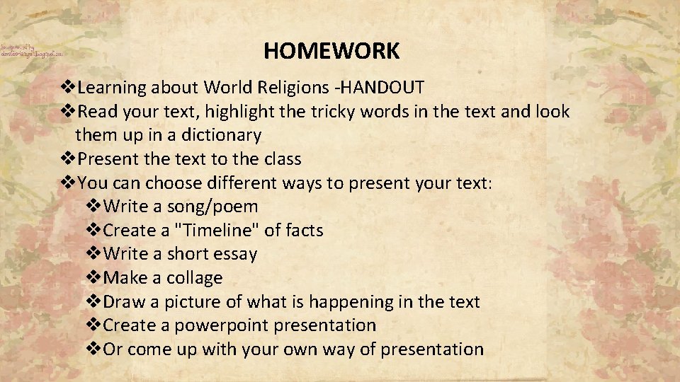 HOMEWORK v. Learning about World Religions -HANDOUT v. Read your text, highlight the tricky HOMEWORK v. Learning about World Religions -HANDOUT v. Read your text, highlight the tricky