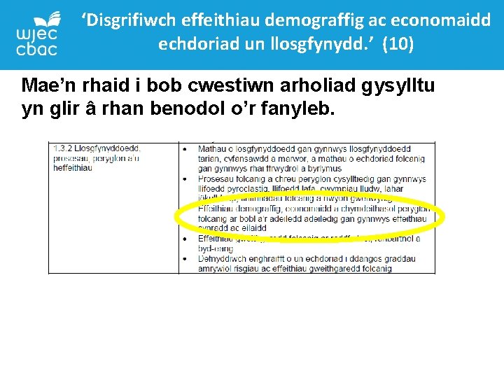 ‘Disgrifiwch effeithiau demograffig ac economaidd echdoriad un llosgfynydd. ’ (10) Mae’n rhaid i bob