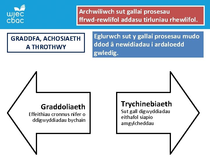 Archwiliwch sut gallai prosesau ffrwd-rewlifol addasu tirluniau rhewlifol. GRADDFA, ACHOSIAETH A THROTHWY Graddoliaeth Effeithiau
